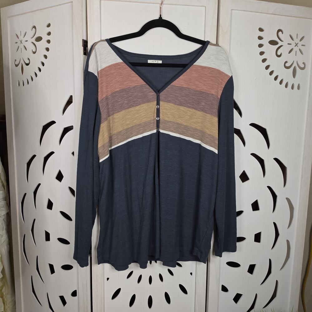 Maurices Heartland Striped Henley Long Sleeve Ribbed Charcoal Tee 3X